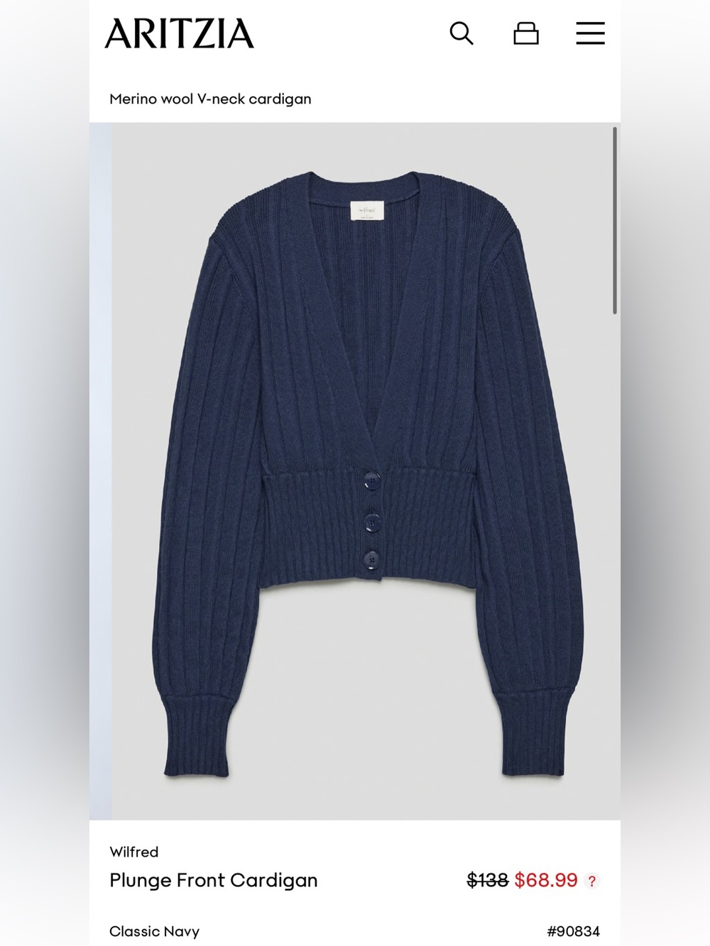 Aritzia Wilfred Plunge Front Cardigan in Classic Navy ✨ - Picture 6 of 7